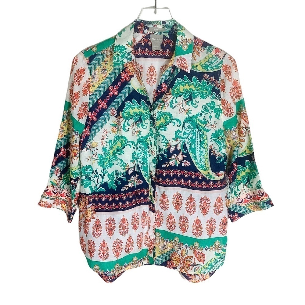 Chico's‎ No Iron Linen Paisley Shirt 3/4 Sleeves - Picture 4 of 16